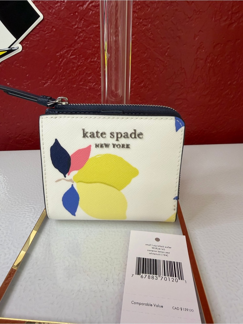 kate spade White Floral Zip Compact Wallet with Yellow and Navy Accents
